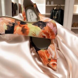 Bettye Muller Orange and Black Floral Heels 3 inch